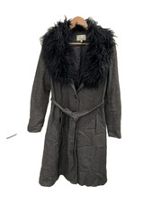 Elegant Linea Belted Faux Fur Collar Wool Blend Coat Size 18 Grey