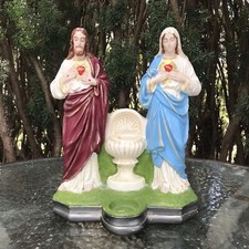 VTG Chalkware Sacred Heart Jesus  Immaculate Heart Mary Statue Candle Holder