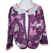 90s Purple Patchwork Quilted Cardigan Jacket Sz L XL 1 Button Lace Cottagecore