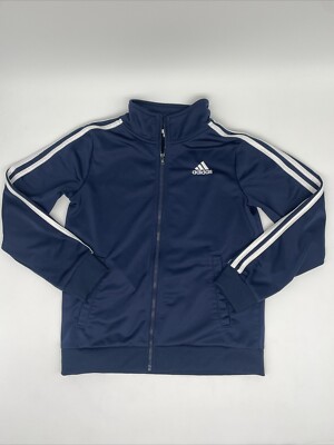 Adidas Track Jacket Boys M 10/12 Navy Blue Embroidered Logo Stripe