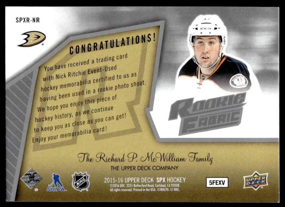 2015-16 SPx 2005-06 Retro Rookie Fabrics Nick Ritchie Anaheim Ducks #SPXR-NR - Image 2 of 2