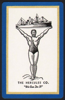 Vintage single playing card THE HERCULES CO Hercules holding a ship We Can Do It