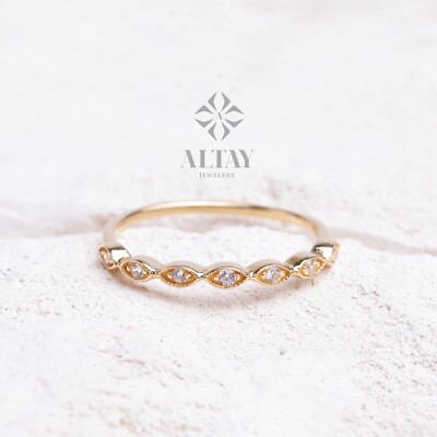 14K Gold Art Deco Wedding Band Ring, Half Eternity Cz Diamond Wedding Ring