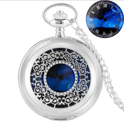 Black/Silver Hollow Pattern Blue Starry Dial Quartz Pocket Watch with Chain Gift