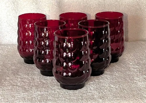 SIX Vintage 1960s Anchor Hocking Bubble Ruby Red Glasses Tumblers, 4.5", Set 6