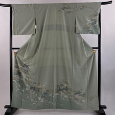 JAPANESE KIMONO HOMONGI GRAY-GREEN 161.5cm 5 ft 4 in PURE SILK DD6768