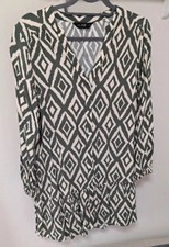 F&F Green White Geometric V-Neck Balloon Sleeve Smock Short Dress UK 12