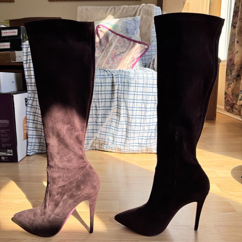 READ Amanda Gregory under knee boots brown stretch suede heels Size US 12 EU 42 - Image 3 of 4