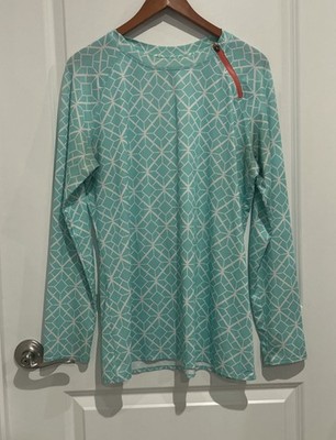 REEL LEGENDS Womens Long Sleeve Rashguard Swim Shirt Top Blue Zipper Accent Sz L