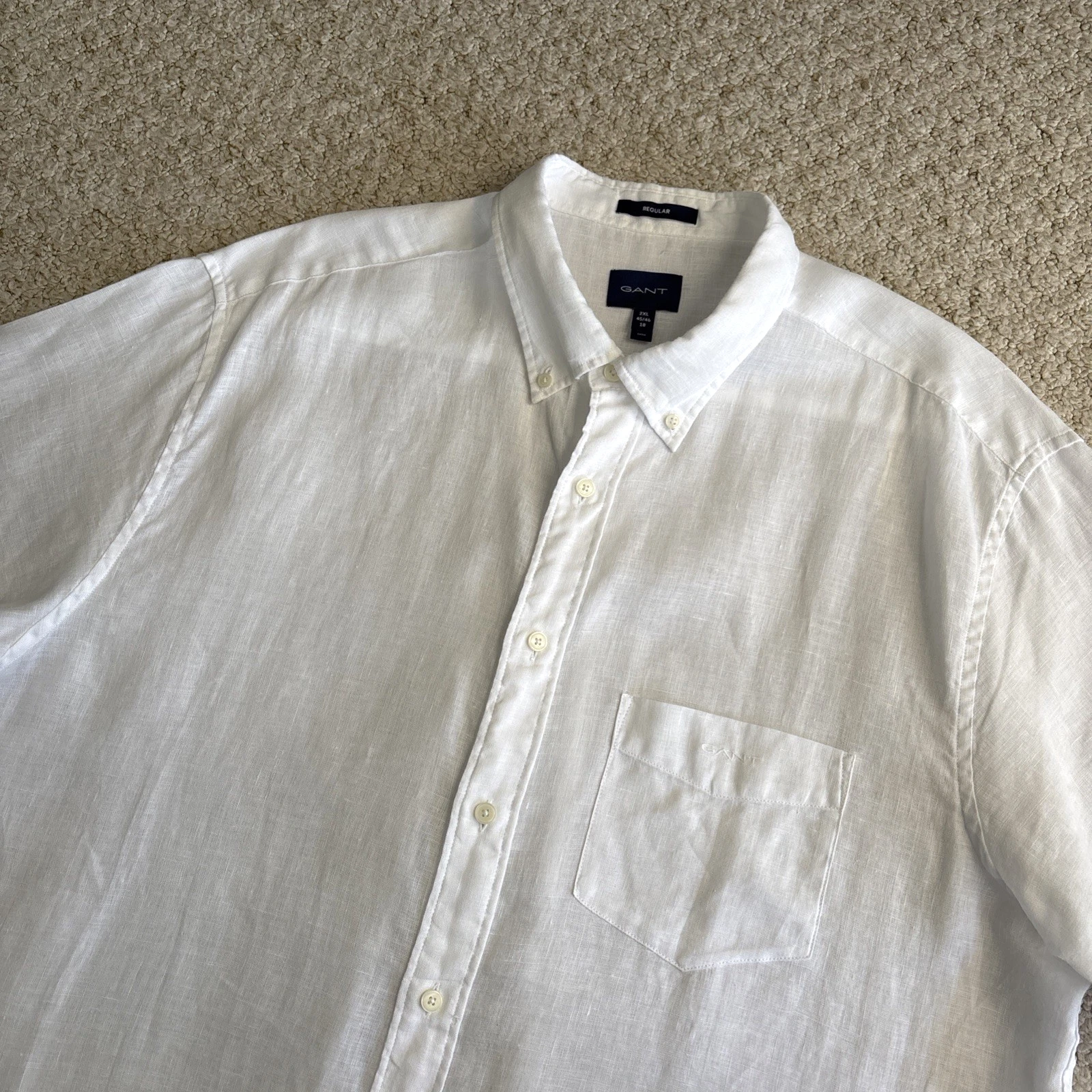 GANT Mens 2XL XXL Linen Shirt White Regular Fit Short Sleeve Button Down