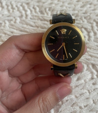 Versace Swiss Made Dress Watch Gold-Plated Case Black Leather Band Analog