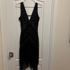 BABEYOND Women's V-Neck Flapper Sequin Beaded Dress Size Color Black Size S NWT
