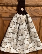 Double hanging kitchen towel garden brown flowers crocheted brown top