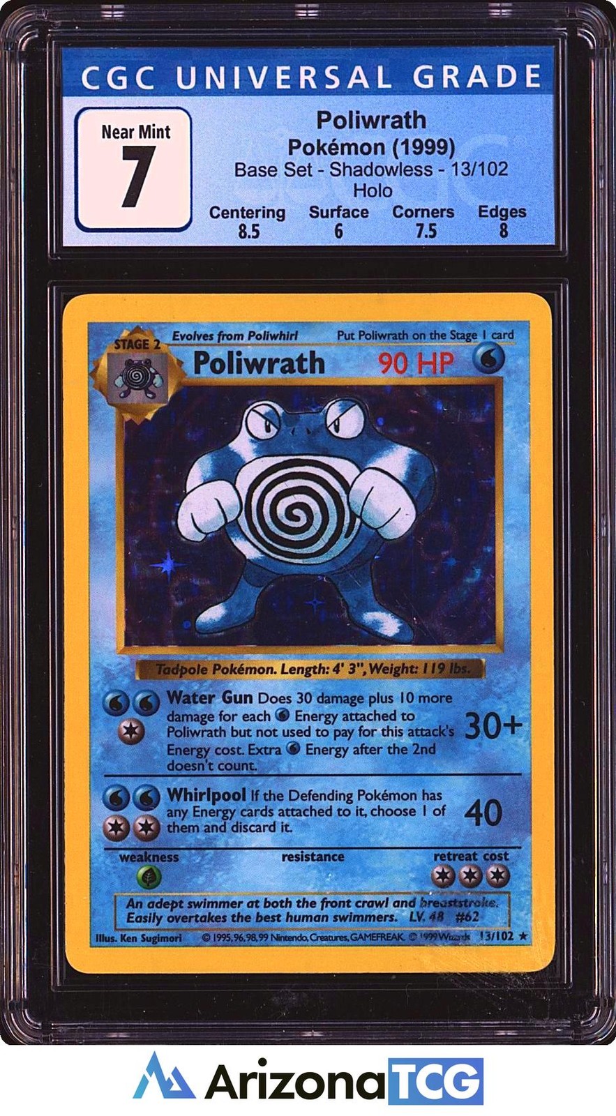 Pokemon 1999 Poliwrath 13/102 Shadowless Holo Base Set CGC 7