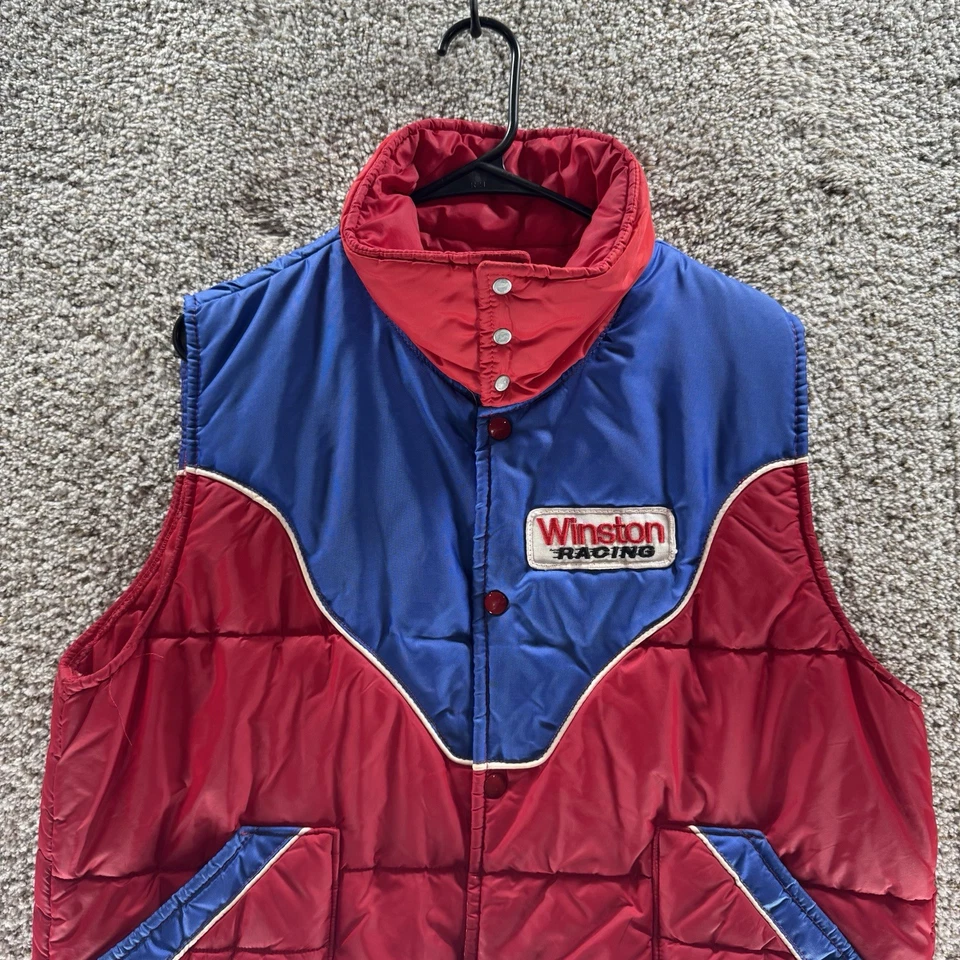 Chaleco de carreras vintage RJ Reynolds Tabbacco Winston para hombre grande azul rojo acolchado a presión Foto 3 de 4