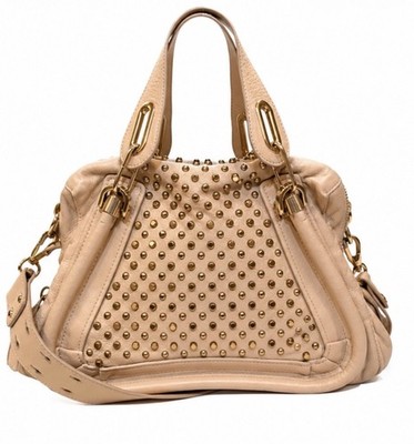 Chloe Medium Studded Paraty Satchel Beige Leather Gold Hardware Crossbody Vintag