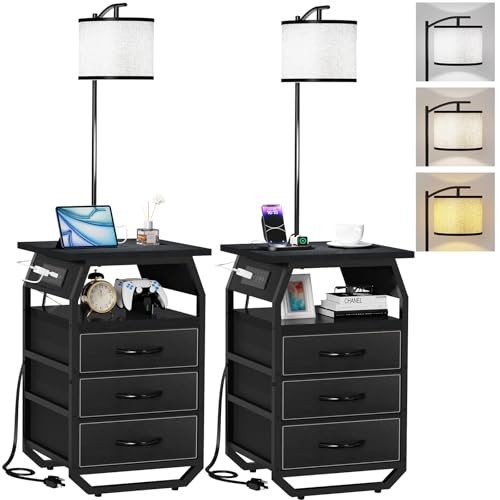 Floor Lamp with Table Set of 2, End Tables with Lamps Black