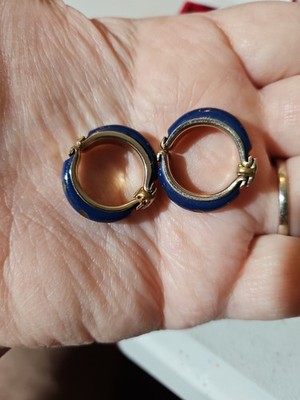 Vintage  Blue Enamel hoop Earrings  Gold Tone Floral Inlay  Hinged 