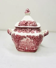 FRANCISCAN Pink Vista English Ironstone Red White England Sugar Lidded Caddy