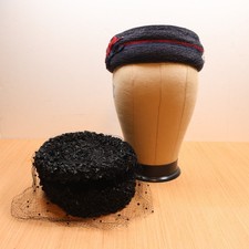 Lot of 2 Vintage Pillbox Hats With Ribbon Netting Theatre Church Hat Womens