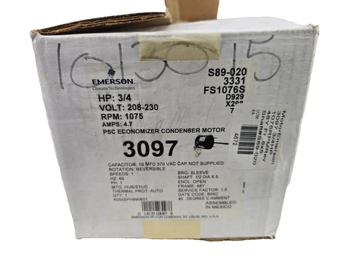 EMERSON Condenser Fan Motor 3097 3/4HP 208-230V 1075RPM 4.7A S89-020 D929