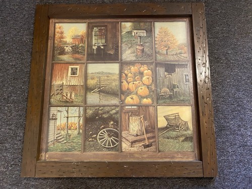 *Read Descript* Homco B Mitchell 12 Window Pane Picture Autumn Farm Home 25x25.5