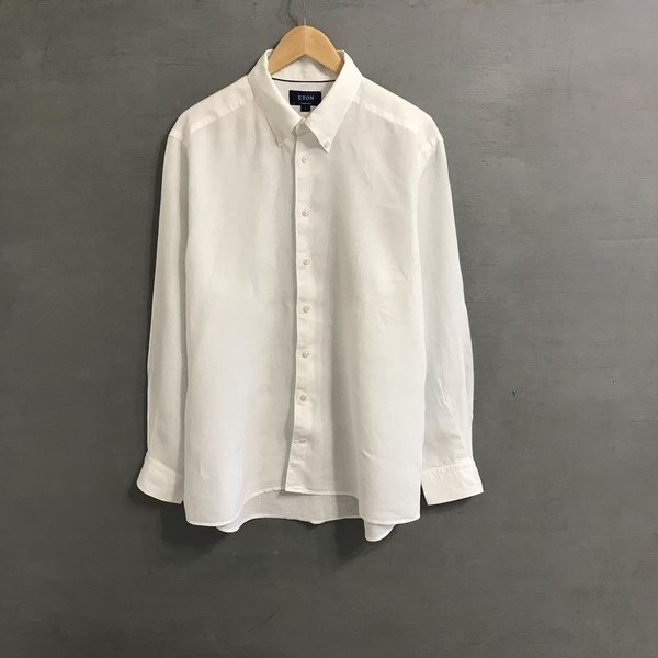 Men Eton Shirt White Linen 44 / XXL / 52 #1VBM