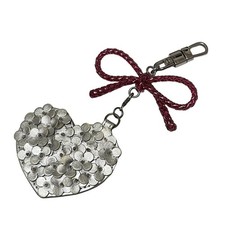 Anteprima Silver Pink Ribbon Heart Flower Leather Keychain Charm
