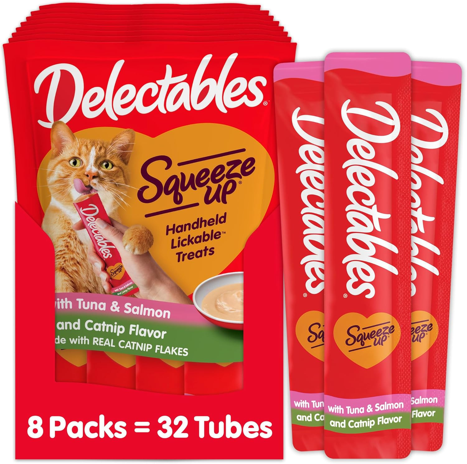 Delectables Pure de Atun Salmon y Catnip para Gato 32 Tubos Granos Conservante