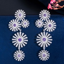 Silver Plated CZ 925 Sterling Silver Long Flower Cluster Dangle Drop Earrings