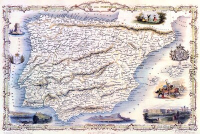 1800'S MAP SPAIN PORTUGAL MADRID LISBON GIBRALTAR POSTER REPRODUCTION