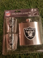 NFL Las Vegas Raiders Shot Glass and Brushed Stainless Steel Flask Set