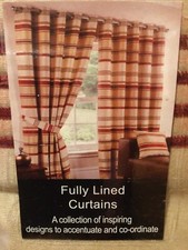 New Pair of Derry Terracotta Beige Stripe Curtains Eyelet / Ring Top 66” X  90"