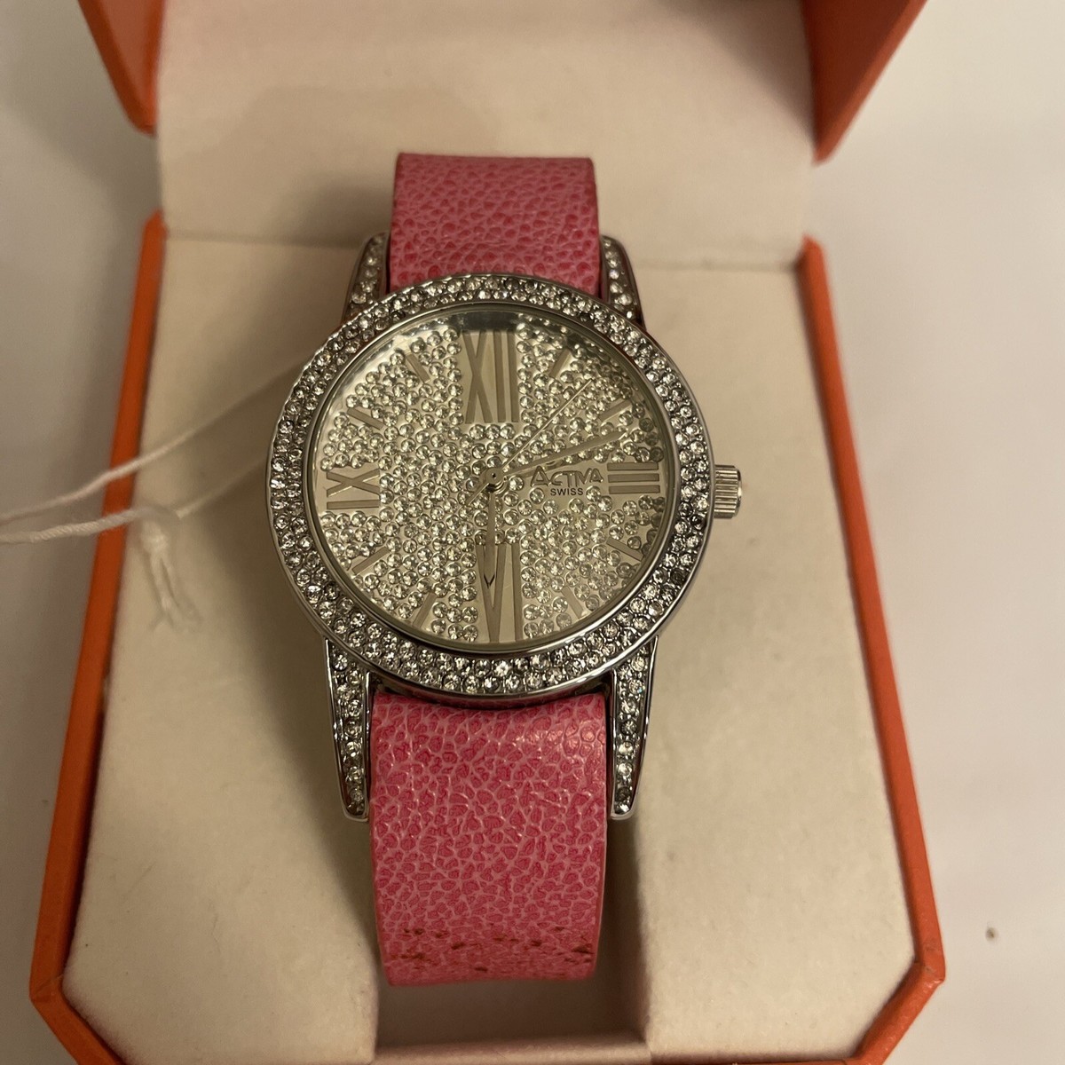Activa Watch Women Silver & Crystal Swiss 30M Pink Leather 