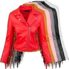 Damen Kunstleder-Bikerjacke mit Fransen Kunstlederjacke Übergangs Jacke D-393