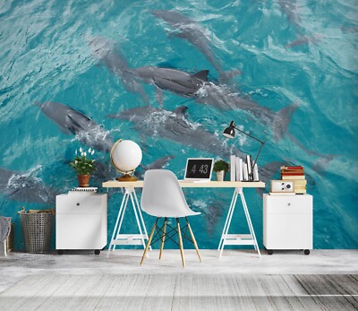 3D Dolphin Swimming S405 Wallpaper Mural Self-adhesive Removable Sticker Kids Pa