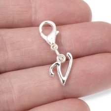 Silver Letter "V" Clip On Charm, Cursive Script Initial Dangle + Lobster Clasp