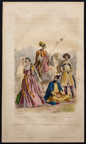 1856 - Georgian Costume, Kurdish, Iranian, Caucasian - Antique Engraving Color