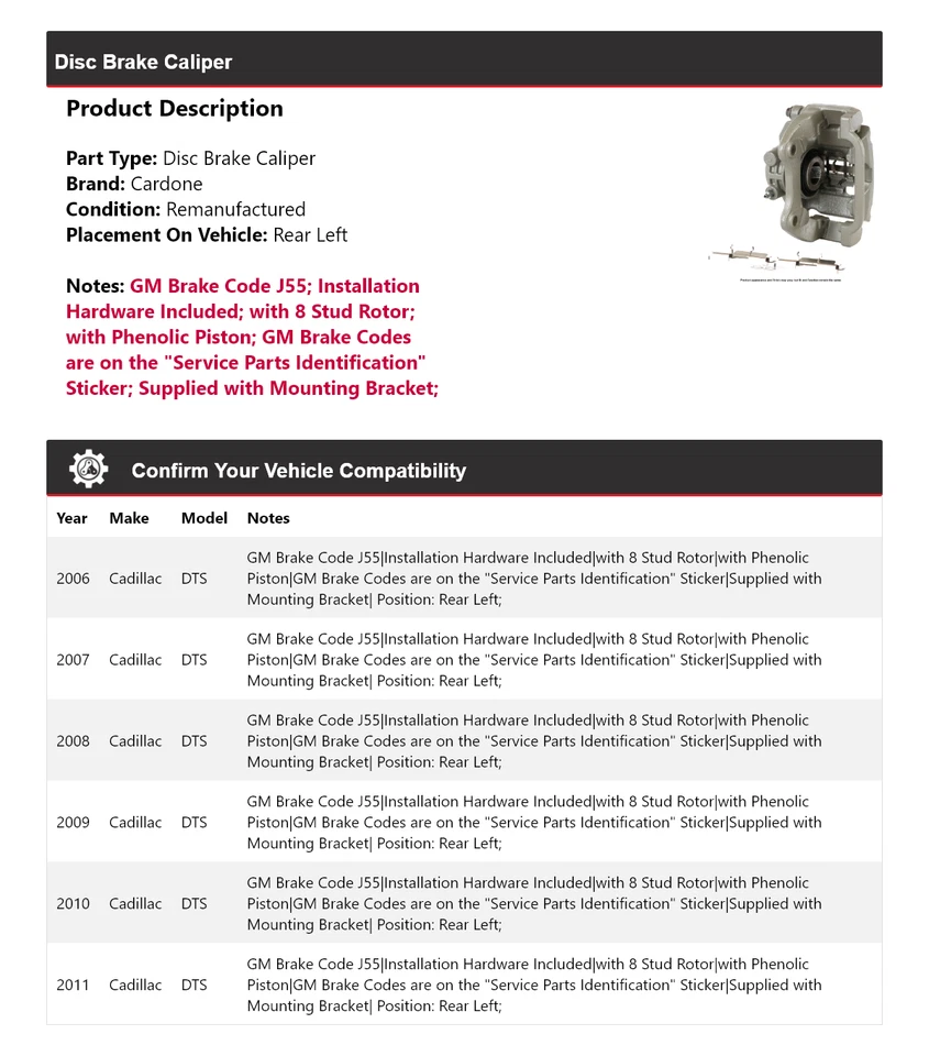 Pinza de freno de disco trasera izquierda Cardone 2007 2008 2009 para Cadillac DTS 2006-2011 Foto 2 de 4