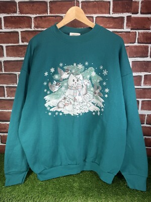 Vintage Christmas Snowman Grandmas Sweater Fleeced Crewneck Puff Print XL