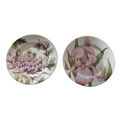 Rare 2 Fitz & Floyd  IRIS & Kiku Pink/ Lavender Floral 7.5'' Plates Gold Band