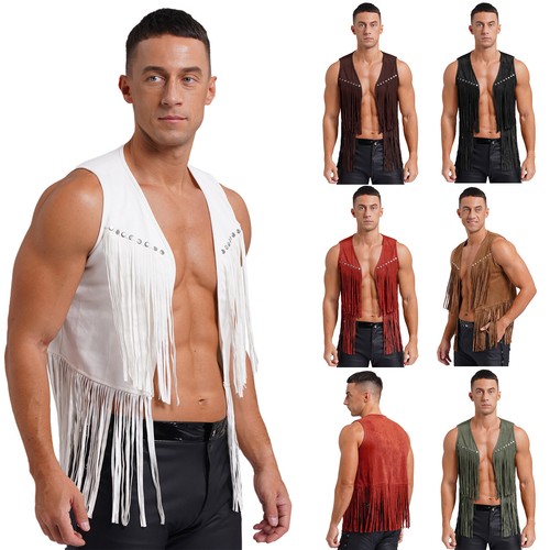 Gilet cowboy uomo nappa rivetti frange gilet giacca western costume rock - Foto 3 di 53