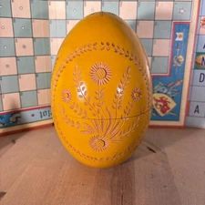 Large Vtg Carved Wood Egg Shaped Box Sewing Notions, Soviet Union, 7.5"