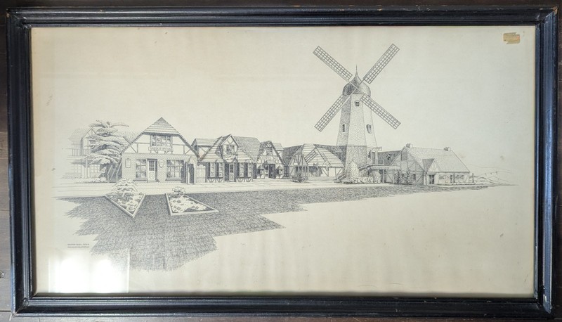1975 George Rosu Solvang California Village Windmill Framed Print Art (J)