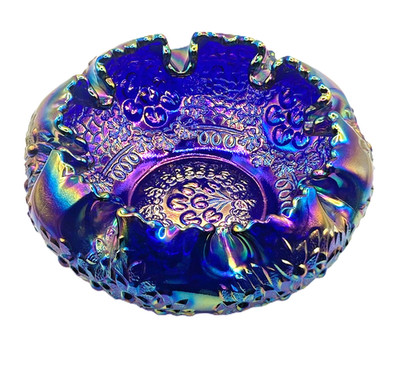 Fenton Rose Bowl Carnival Glass 7 3/4'' Blue Cherry Chain Variant Orange Tree