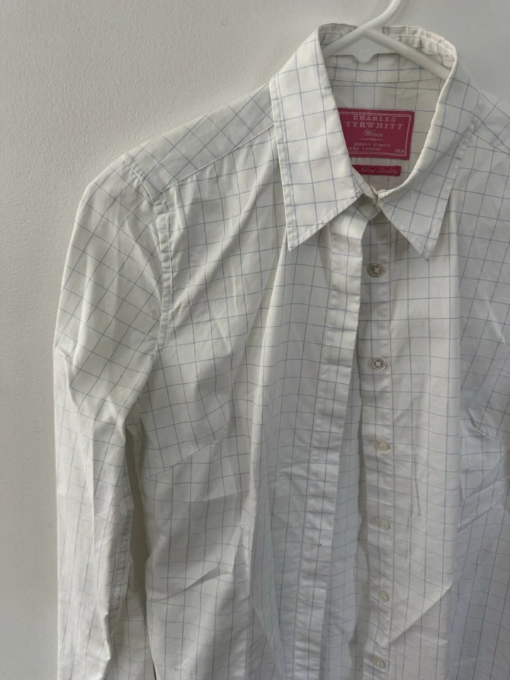 Charles Tyrwhitt Seersucker Shirt Womens US 6 Blue Plaid Basic Button Up - Image 3 of 3