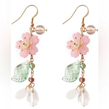 Chic Pink and Green Floral Dangle Earrings