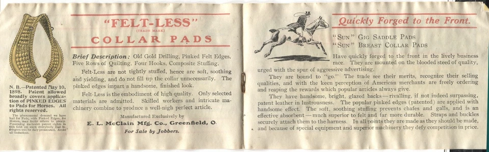 Cubierta publicitaria Greenfield OH McClain sin fieltro almohadillas para cuello de caballo 1900 Foto 4 de 4