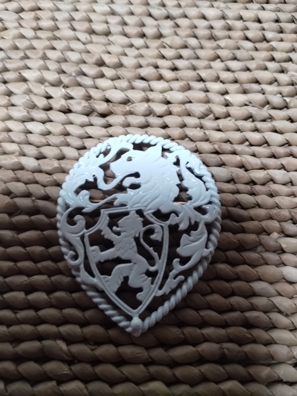 Vintage Napier Heraldic Rampant Lion Open Work Brooch Pin White