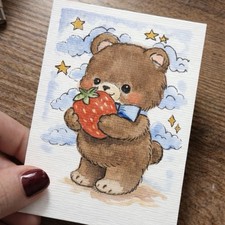 ACEO Original PRINT Painting Bear Holding  Strawberry Angelina Abraham